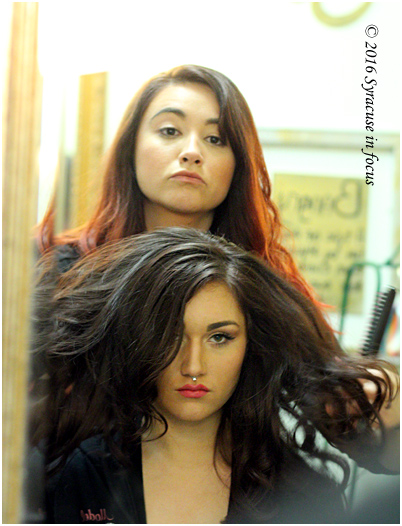 Model Eliza Jeffers has her hair teased before hitting the runway for the Underground Show tonight.
