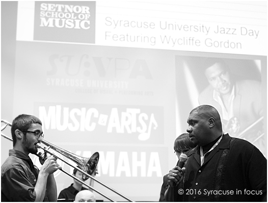 Renowned trombonist and teacher Wycliffe Gordon encourages a student to improvise during his class at Syracuse University on Saturday.