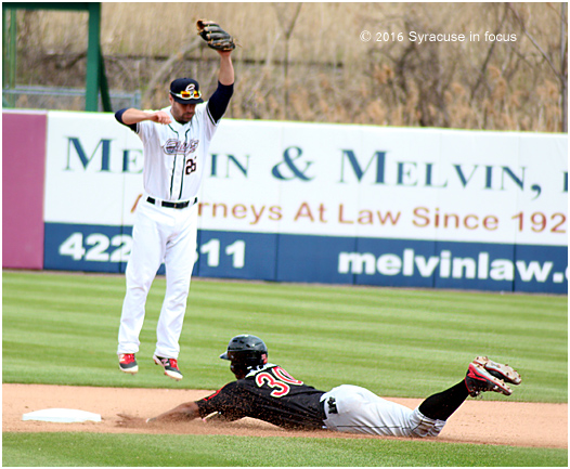 Rochester's Adam Walker steals second after he started off the 7th inning with a single.