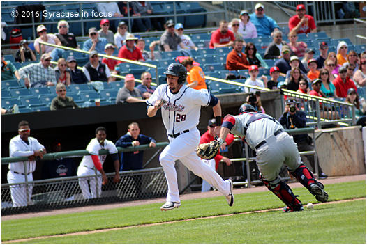 Caleb Ramsey jets home after a perfect bunt by Scott Sizemore in the 5th inning of yesterday's game vs. Pawtucket.