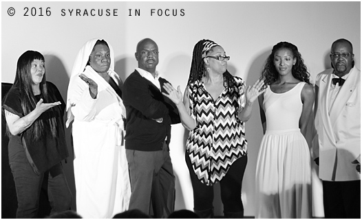 A portion of the ensemble who played in The Colored Museum at Grace Episcopal Church. The play was written by George C. Wolfe and directed by Jackie Warren-Moore.