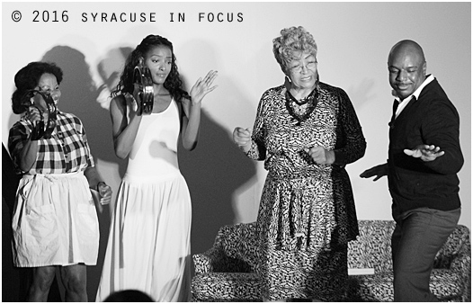 Karin Franklin King, Nicole Blue, Bertha Adams and Lonnie Johnson prepare for the closing scene of "Last Mama on the Couch" in The Colored Museum.