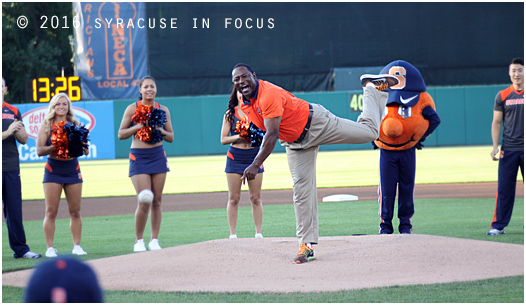 Coach New football coach Dino Babers and AD John Wildhack were special guests for last night's Chiefs game. They both threw out the ceremonial first pitch. Wildhack threw a solid strike. Coach Babers, who looks like a young Vida Blue, went wild thing and threw it low and way outside. He was a good sport though and made sure to cover the plate after the passed ball.