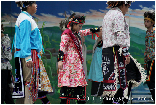 Jenna Jacbos (center), the 2016 New York State Indian Village Princess participated in the Stomp Dance at the New York State Fair.