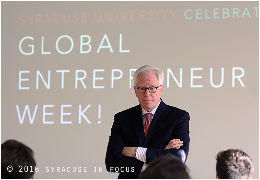 Carl Schramm,author, professor and founder of Global Entrepreneurship Week, gave a lunchtime talk at Bird Library on Monday.