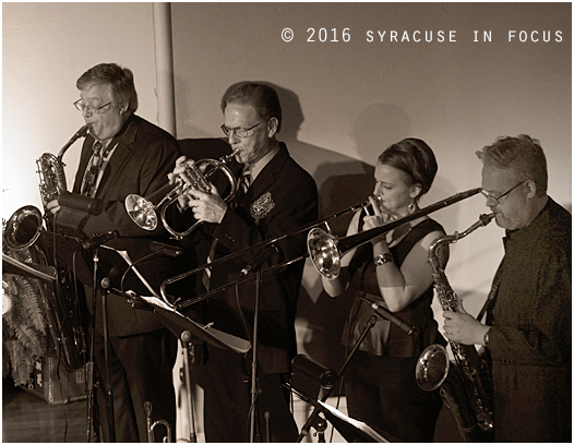 Brassman Jeff Stockham (second from left) put together a fantastic quartet he called the Syracuse Horns to back Professor Louie and Cromatix last night at the Homer Arts Center.