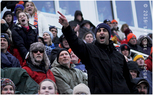 An SU fan shows his disapproval at one of the many off sides calls during the second half.