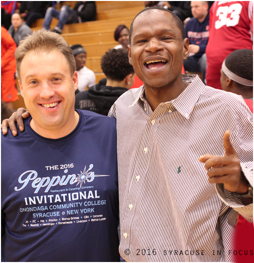 OCC Men's Basketball Coach Erik Saroney and Henninger High Boys Basketball Coach Gil Spaights at the Peppino's Tournament on Saturday evening.