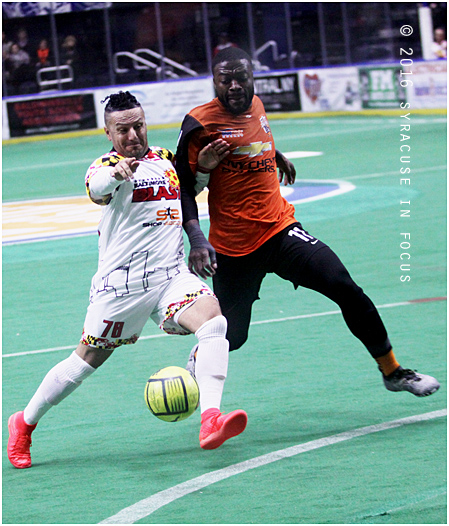 Knigths player Jerjer Gibson (right) jockeys for position against Nelson "Nelly" Santana during  Thurday nights game against Baltimore. Nelly's return home was a good one for Baltimore, who beat the Silver Knights 6-3.