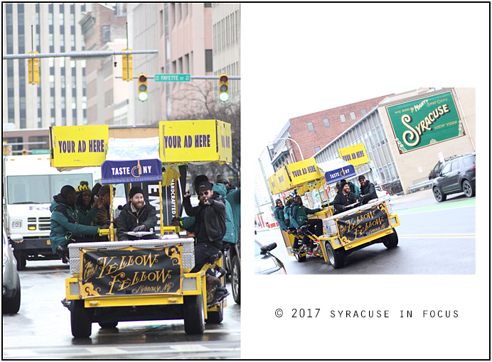 Syracuse's Mike & Mike maneuvered the Lilttle Yellow Fellow along the Connective Corridor this afternoon. Their partners in peddling were members of the Jamaican bobsled team.