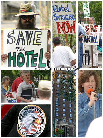  A small rally for the development of the now closed Hotel Syracuse was held at Columbus Circle yesterday.  Unfortunately our city has a history of tearing down our greatest assets and paving them over, according to Syracuse Common Councilor Stephanie Miner (pictured lower right), who was one of the officials who addressed the crowd.