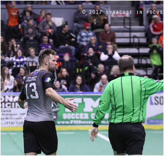 Syracuse defender Bo Jelovac argues a call in the fourth quarter of Syracuse's 11-3 win over Harrisburg last night.