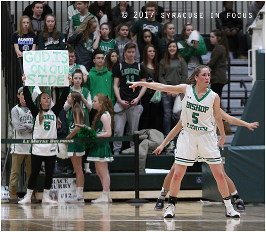 There were many signs to show that Bishop Ludden was in control for most of last night's victory over Westhill, including scoring 40 points in the first half. Game high scorer Danielle Rauch is pictured here on the defensive end, where she picked up two steals.