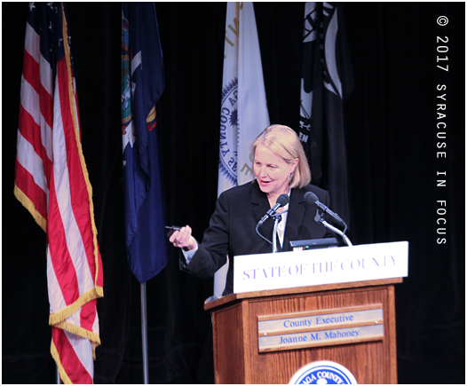 Onondaga County Executive Joanie Mahoney, who has always been a politician who has had a commitment to collaboration, gave her State of the County address yesterday at the Civic Center, and said although the country is healthy and strong she is still striving for a smaller, less expensive government.