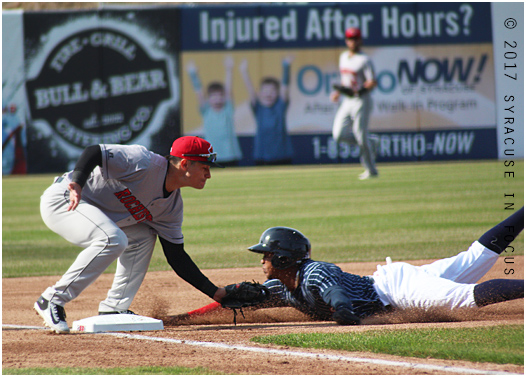 Chiefs centerfielder Rafael Bautista stole third base after doubling in the first inning of today's second contest of the double header with Rochester. Rochester won the first game today 6-2 and 10-4 the second game. After two postponed games, the swept the weekend series.