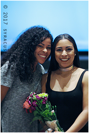 SU senior Chanell Chebuske celebrated the presentation of her fashion collection with her mother yesterday at The Schine Student Center.