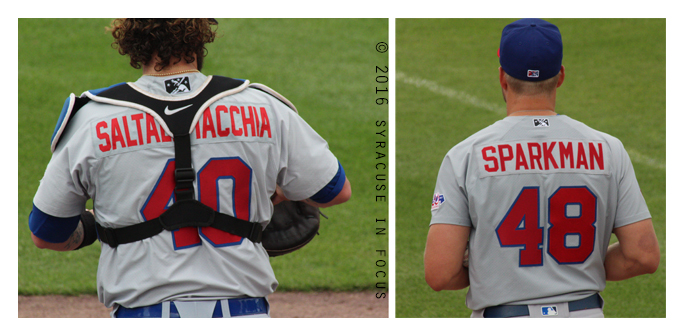 The Buffalo Bison finally got on the winning track in Syracuse thanks to pitcher Glenn Sparkman. He is pictured here in the bullpen before entering the game with another colorful name: Jarrod Saltalamacchia (left)