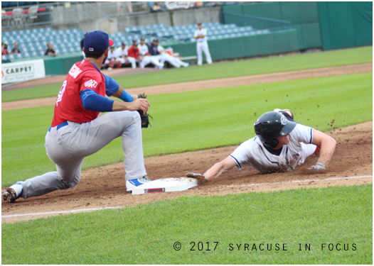 The Chiefs are on a win streak and have defeated the Buffalo Bison two straight games thanks to some active bats. Centerfielder Andrew Stevenson went 2-for-4 yesterday. He is shown here in the bottom of the third inning getting back to first after taking a lead. Syracuse won last night 2-1.