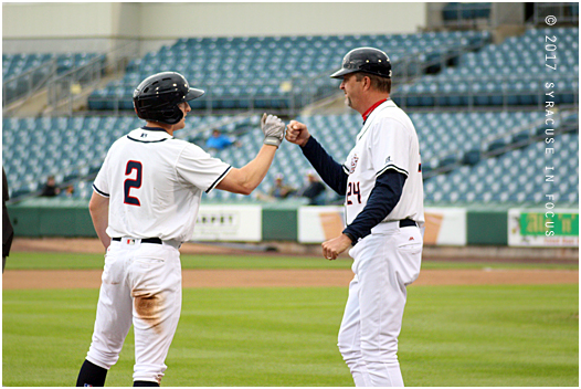 ...he reached third on an error (where he was congratulated by manager Billy Gardner, Jr.) and later scored on a sacrifice fly by Brandon Synder