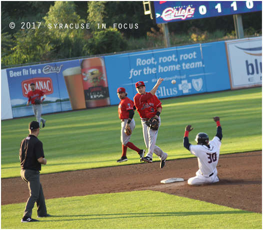 Louisville Bats shortstop Zach Vincej made an acrobatic play in the bottom of the 5th inning last night to double up Alejandro De Aza and  Michael Almanzar. But  Alejandro De Aza hit a walk off homer to win the game in the bottom of the 9th.