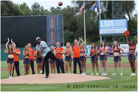 Coach Dino Babers tossed out the ceremonial first pitch at NBT Bank Stadium last night. This year he threw out a football (a perfect spiral btw)