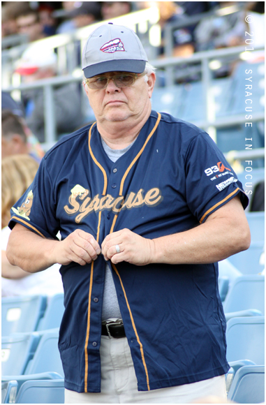 A tonight's game a fan put on his Syracuse Salt Potatoes jersey. As part of a promotion the AAA affiliate of the Nationals changed their name for the day (to the delight of Syracuse fans).