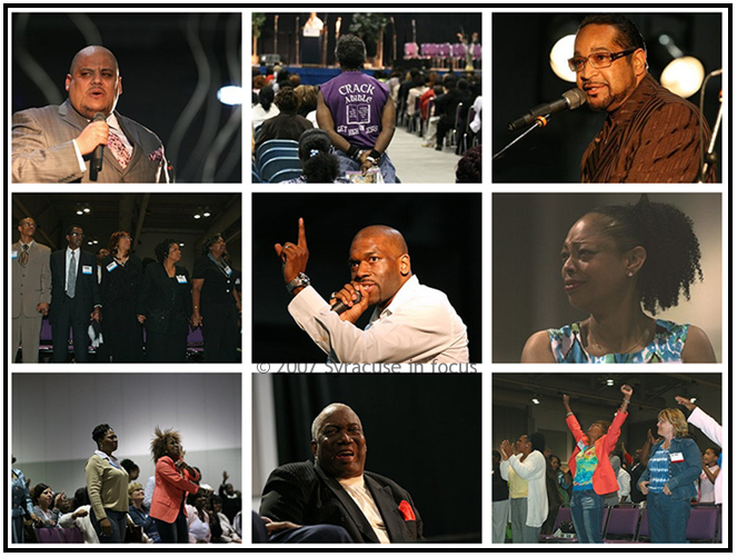 (June 8)--The dynamic Pastor Jamal Bryant (center) from Baltimore delivered a timely message for Syracuse to "Weather the storm" on Thursday. Bryant was the featured speaker for day one of the Citywide Crusade held at the OnCenter.