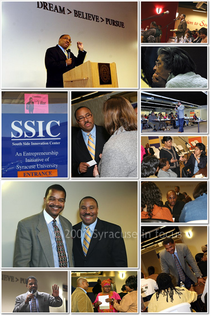 (March 31)--Media personality George Kilpatrick (top left) partners with motivational speaker Mel Tillar (bottom left) for a workshop for area residents held at the South Side Innovation Center.