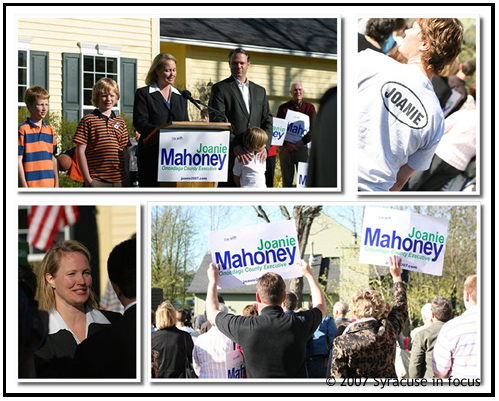 (May 4)--Primary Colors--Joanie Mahoney, attorney and former Syracuse Common Councilor, announced yesterday at her home on Onondaga Hill that she will enter the race for County Executive. She will challange Republican Dale Sweetland to a primary.