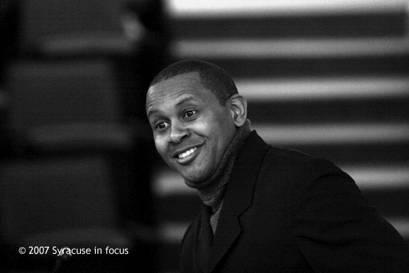 (Feb 16)--Maleness to Manhood--Hip Hop writer and historian Kevin Powell delivered the Syracuse University Black History Month Commemorative Lecture last night. His subject was redefining masculinity and he detailed his own transformation and acceptance of a broader view of what it means to be a black man in America. We can redefine masculinity by being honest and by getting help if we (as men) need it, he said. Powell He told the sparse crowd, who came out despite the in climate weather that he was accepted to Syracuse University (but he chose Rutgers) and was a high school classmate of Orangeman Raf Addison. Powell is author of seven books and became know as a writer for Vibe Magazine and as an actor on the first season of MTV's The Real World.