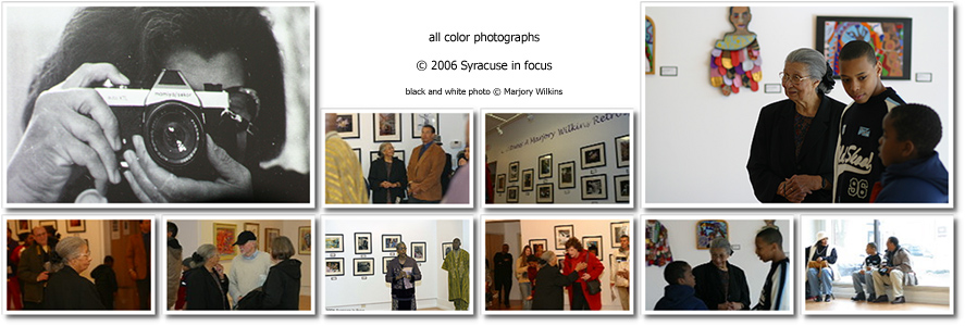 One Shot Wilkins--(Mar. 5) The Community Folk Art Center held an open house and lecture on the work of Syracuse photographer Marjory Wilkins yesterday. Mrs. Wilkins has been chronicling the people of Syracuse with her camera (s) for more than 1/2 a century. Dozens of artists, community leaders and many of her family members were in attendance. A self-portrait is shown here from the collection.