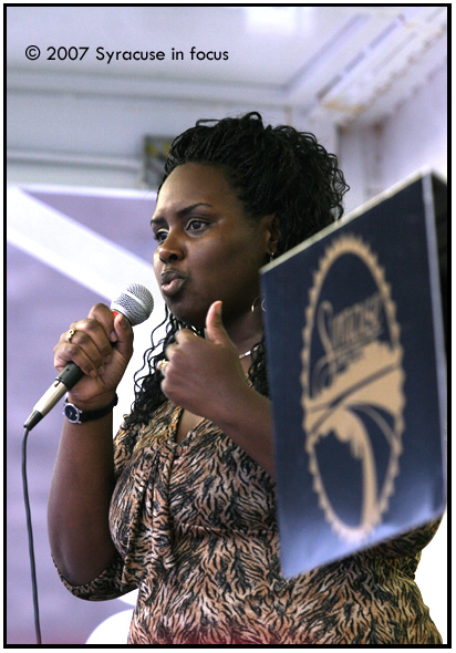 August 13--Educator and activist Akua Goodrich speaks at yesterday's Mother's Against Gun Violence rally in Clinton Square.