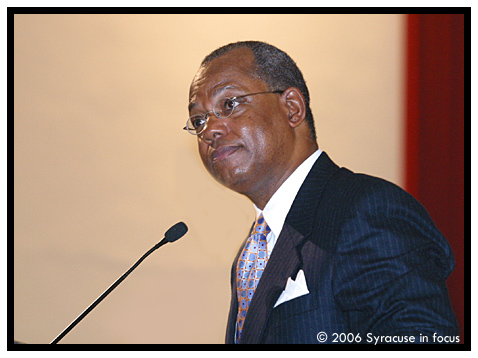 (May 13)---Rev. Dr. Calvin O. Butts III, president of SUNY College at Old Westbury and pastor of the nationally renowned Abyssinian Baptist Church addressed the Collegiate Science and Technology Entry Program (CSTEP) scholars Friday at Syracuse University's Hendricks Chapel. 