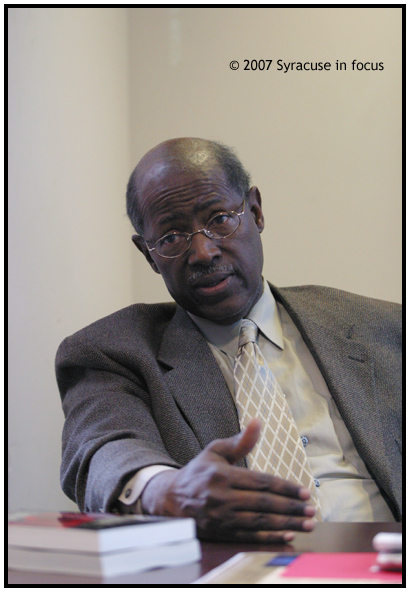 (Feb. 8) Black Political Genius--Political scientist and scholar Dr. Ron Walters visited Syracuse this week to discuss the "Obama Factor" and for a general question and answer session on the science of politics. Politics is still a game of numbers despite all the hype about cultural pluralism and remarkable candidates such as Sen. Hillary Clinton and Sen. Barak Obama, he said. The general session featured topics such as establishing more black think tanks and the effect of money and public policy expertise on politics. Dr. Walters, who is the Director of the African American Leadership Institute and Scholar Practitioner Program and distinguished leadership scholar at the James Macgregor Academy of Leadership and professor of government and politics at the University of Maryland, said challenge of the next generation is to get the most out of the vote they cast. 