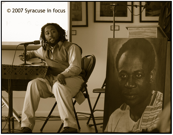 March 29--Ghana at 50--Sundiata Salaam, a Syracuse University graduate student, fields a question during a panel discussion about the current generation and it's role in the Pan-Africanist Movement.  The panel was part of a symposium commemorating the 50th anniversary of Ghanaian Independence held at the Community Folk Art Gallery on Thursday. Salaam was joined on the panel by professors Horace Campbell and Paula Johnson of Syracuse University and Michael West of Binghamton University.